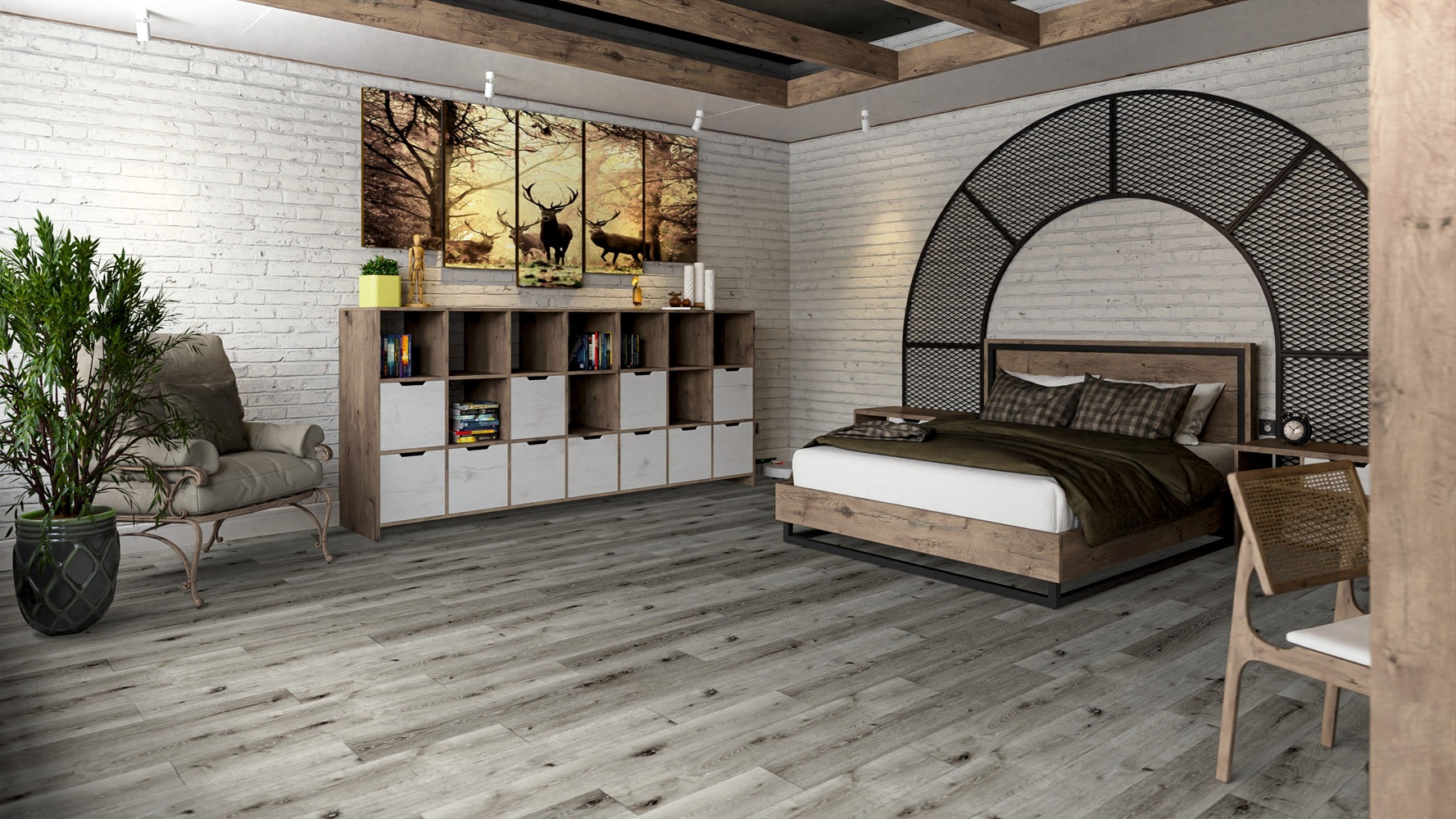 Кварцвиниловая плитка Damy Floor клеевая Family LVT Дуб Состаренный Серый T7020-5D-LVT 1227×187×2,5 фото в интерьере