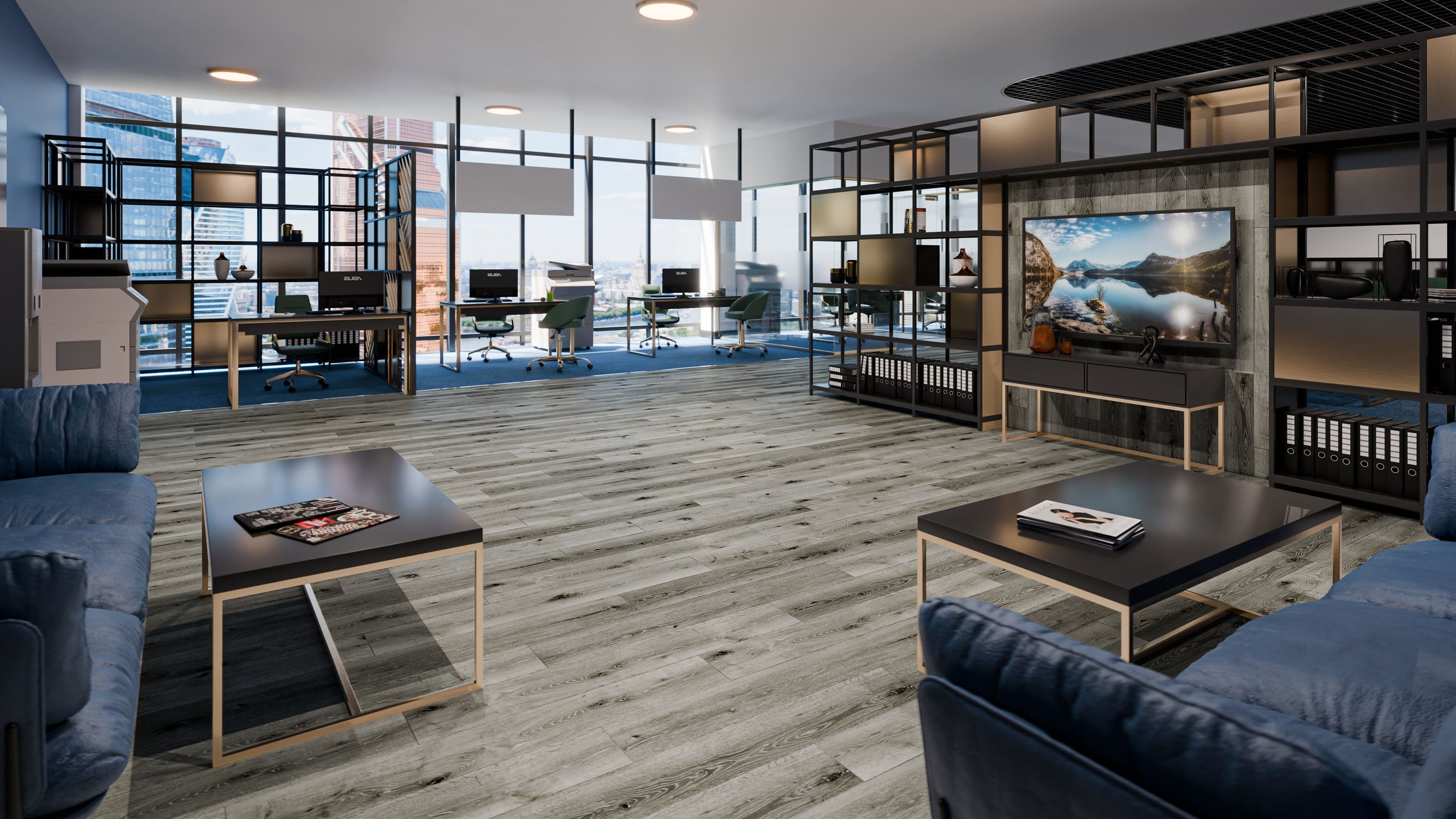 Кварцвиниловая плитка Damy Floor клеевая Family LVT Дуб Состаренный Серый T7020-5D-LVT 1227×187×2,5 фото в интерьере