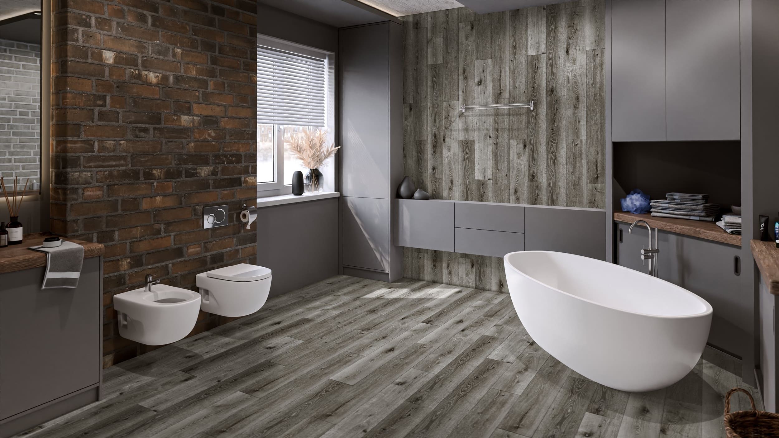Кварцвиниловая плитка Damy Floor клеевая Family LVT Дуб Состаренный Серый T7020-5D-LVT 1227×187×2,5 фото в интерьере