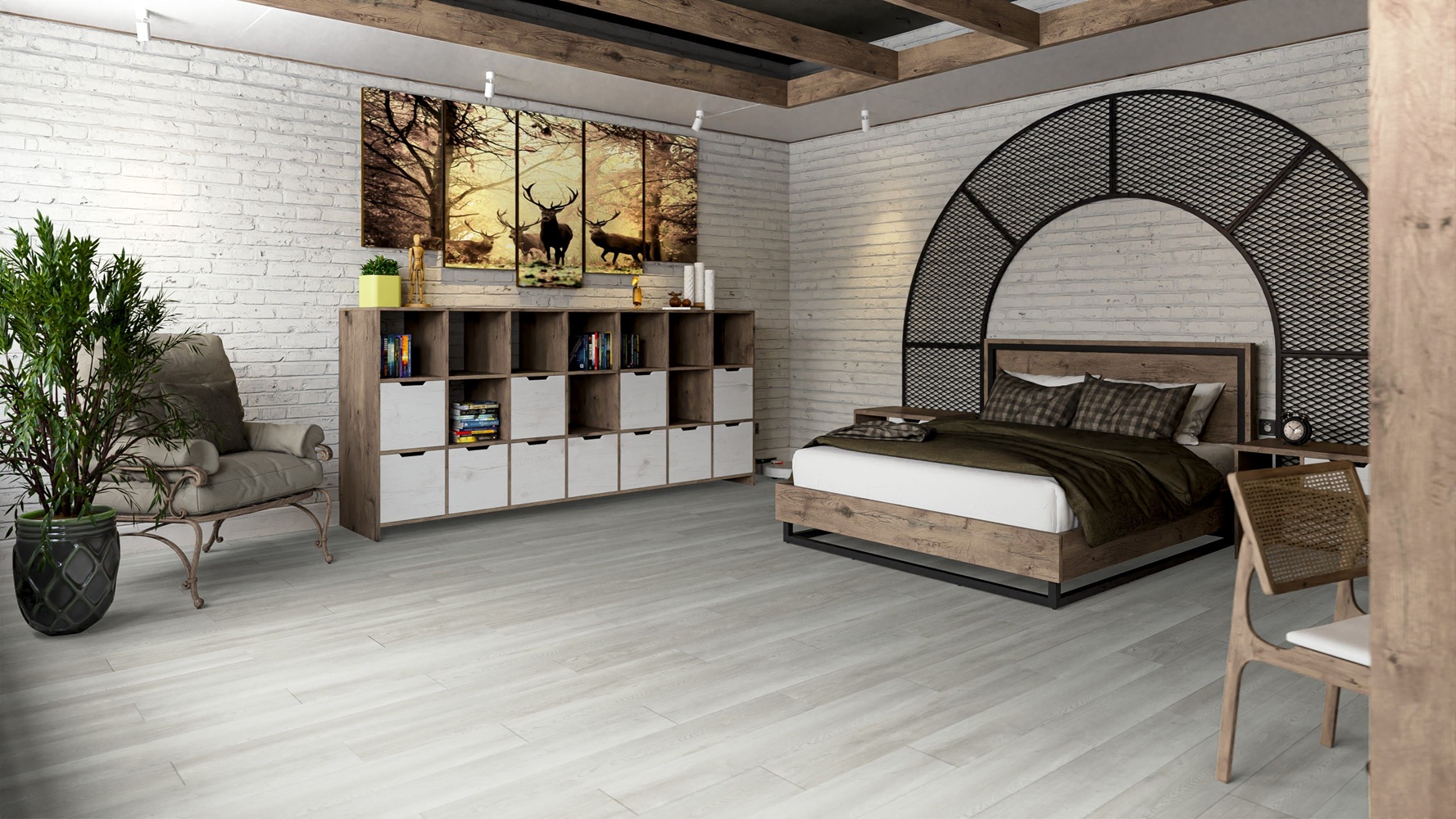 Кварцвиниловая плитка Damy Floor клеевая Family LVT Дуб Зимний TCM304-3-LVT 1227×187×2,5 фото в интерьере