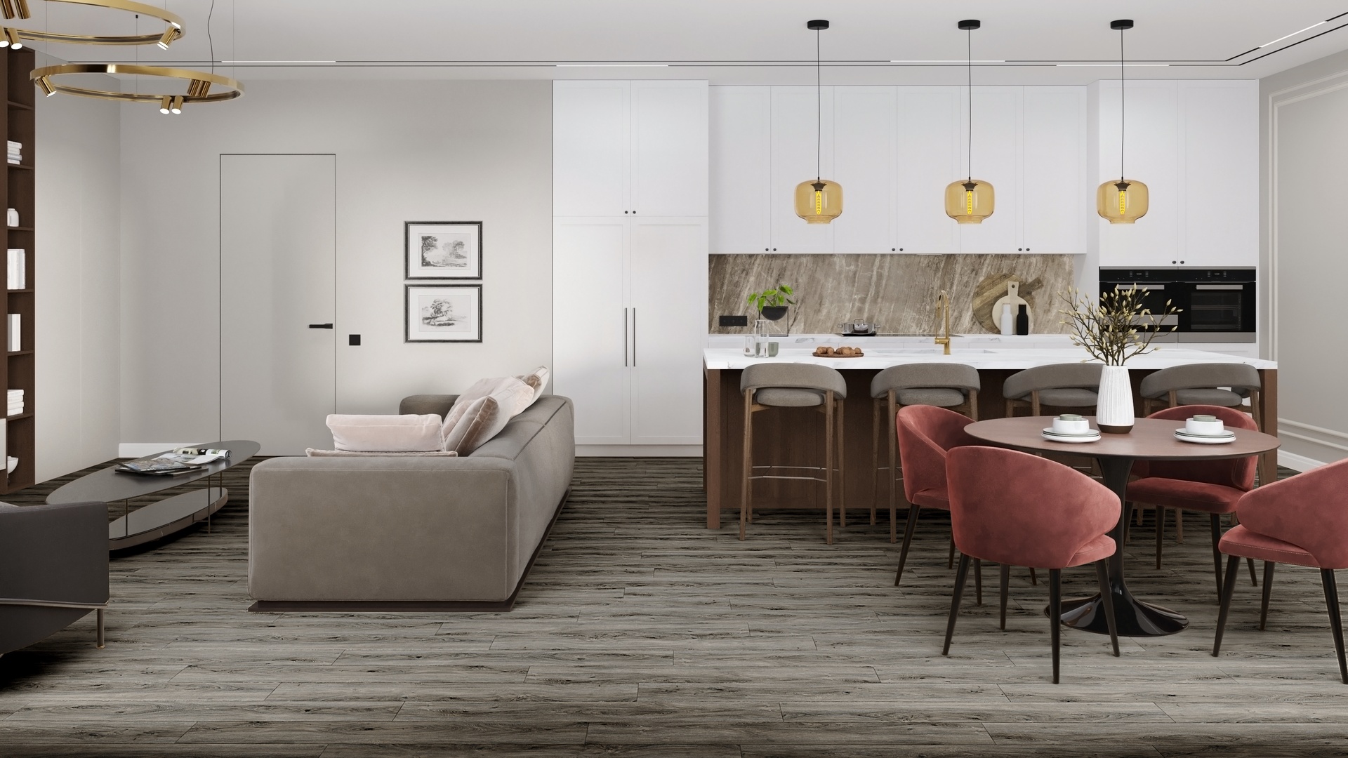 Кварцвиниловая плитка Damy Floor клеевая Family LVT Дуб Кантри TCM359-25-LVT 1227×187×2,5 фото в интерьере