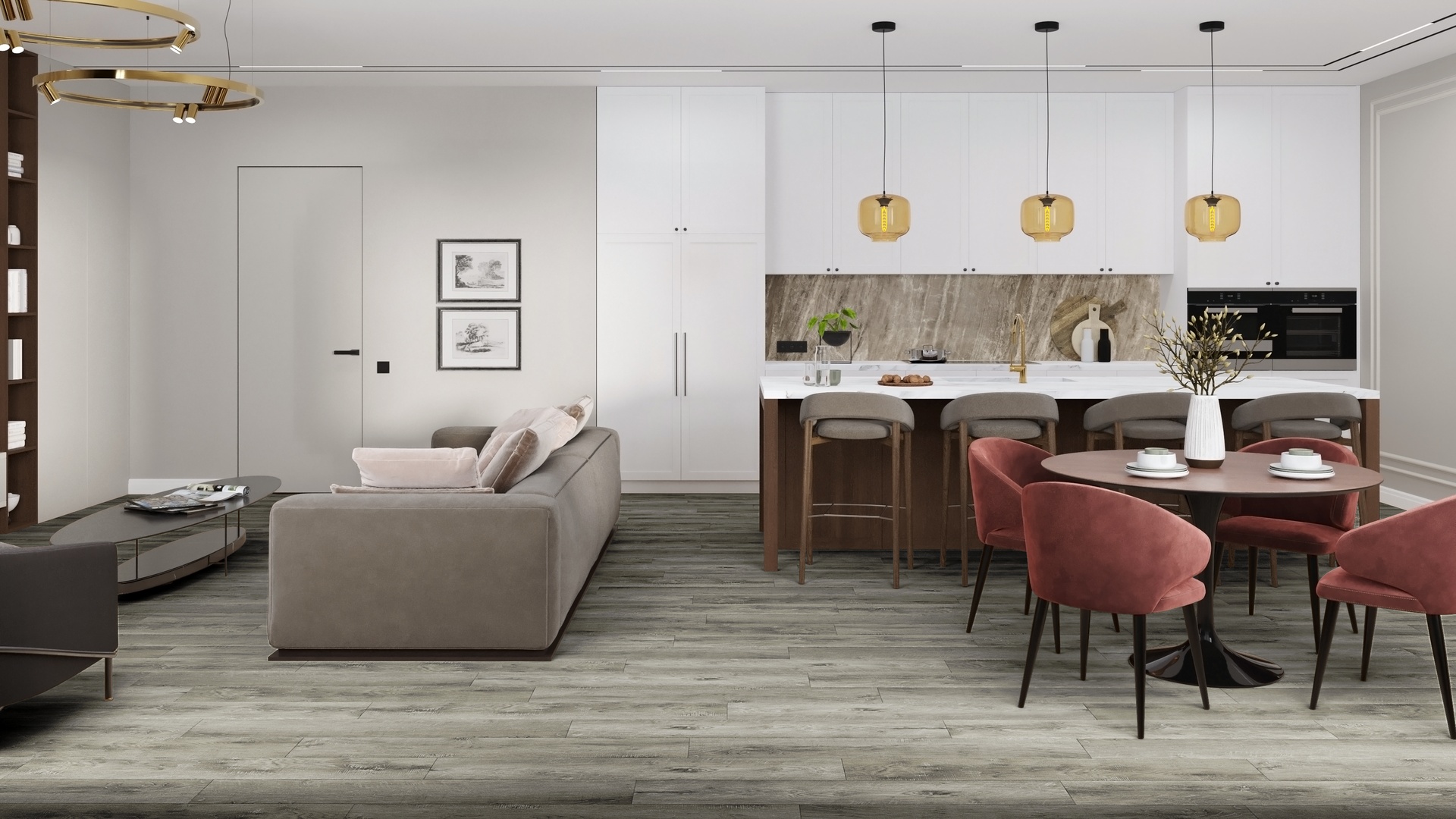 Кварцвиниловая плитка Damy Floor клеевая Family LVT Дуб Рустикальный Cерый TCM369-28-LVT 1227×187×2,5 фото в интерьере