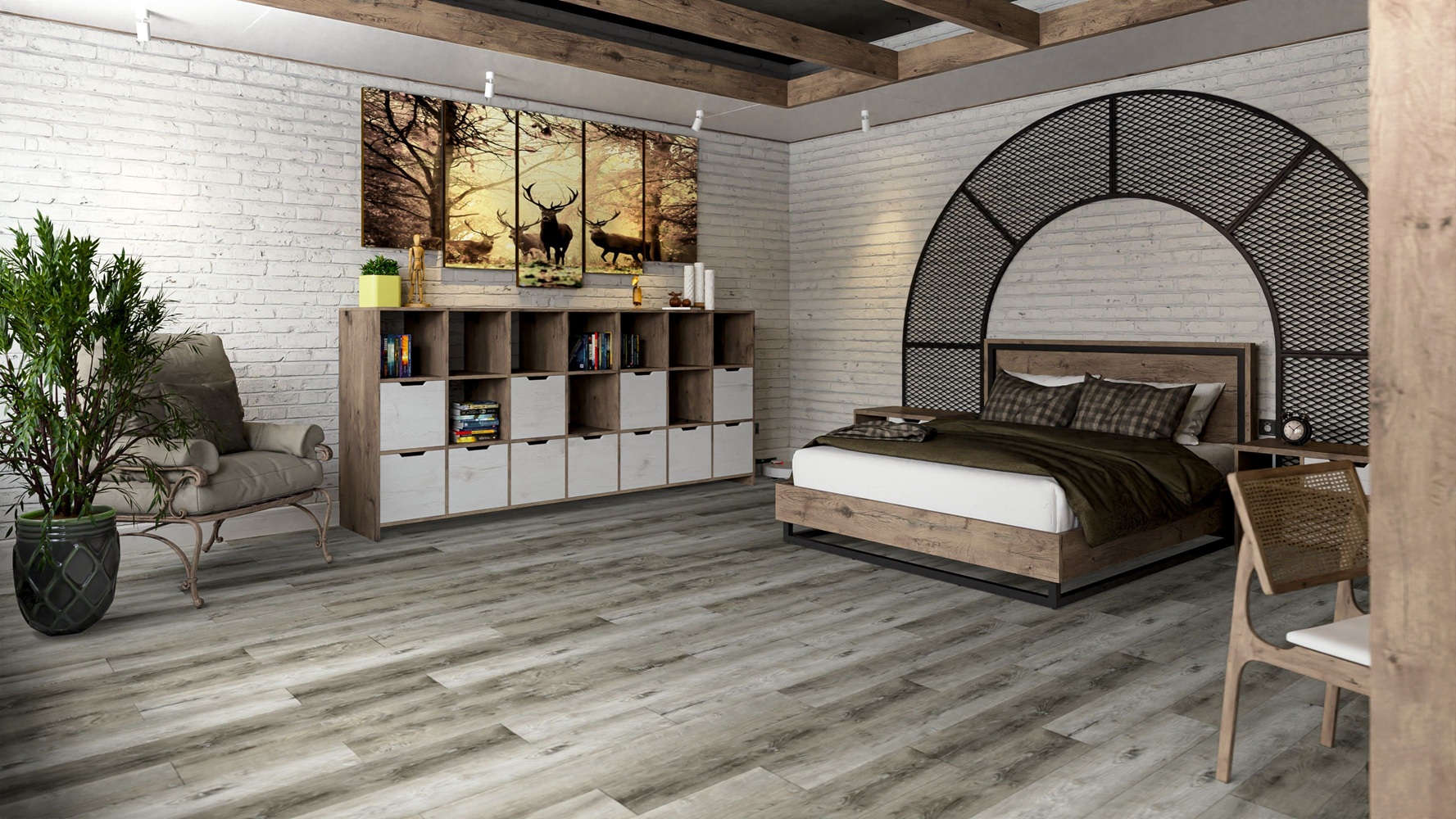 Кварцвиниловая плитка Damy Floor клеевая Family LVT Дуб Рустикальный Cерый TCM369-28-LVT 1227×187×2,5 фото в интерьере