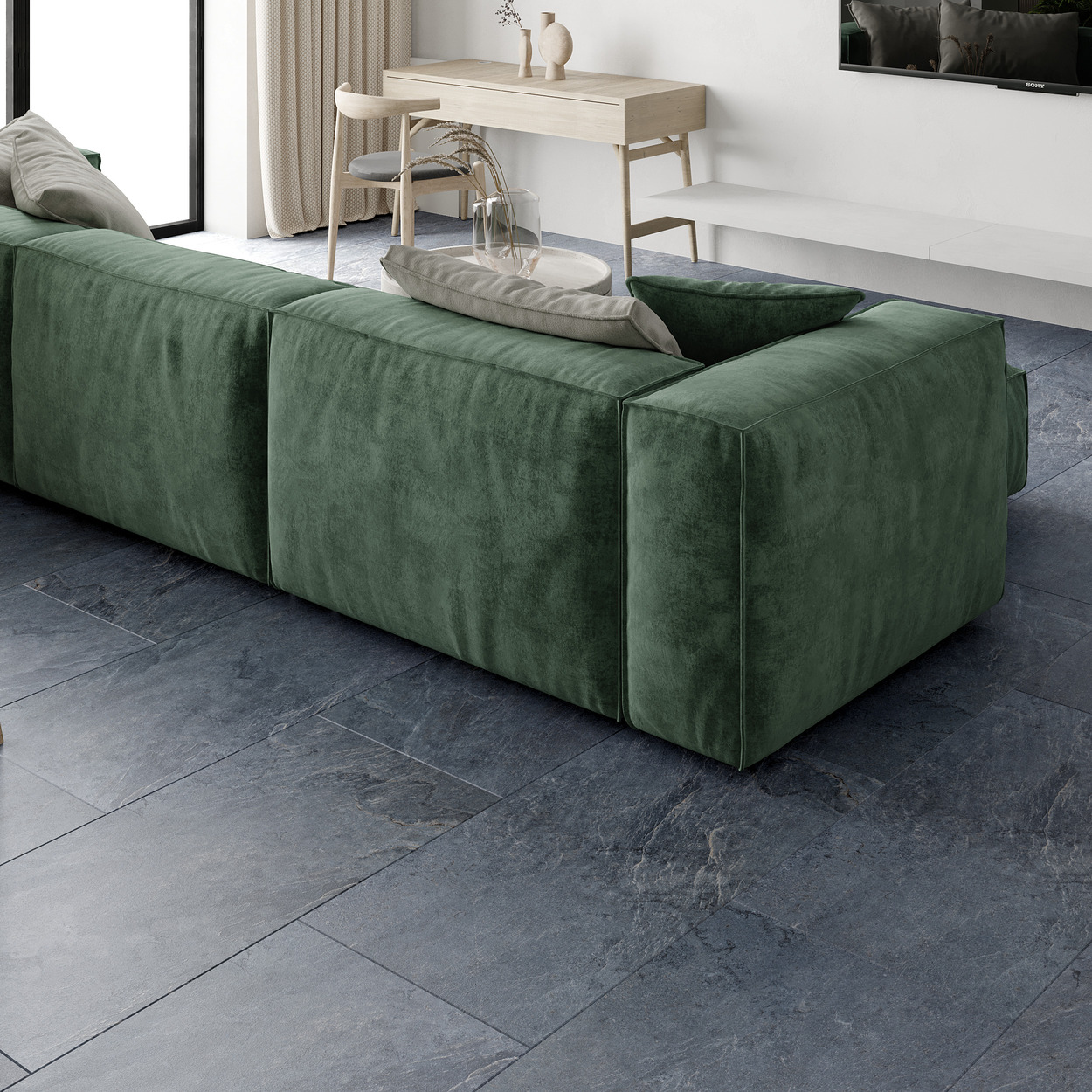 Кварцвиниловый SPC ламинат Vinilam Ceramo Stone Мальтийский Базальт 91907 940×470×8 фото в интерьере