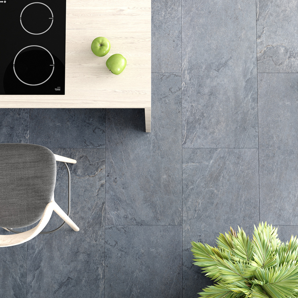 Кварцвиниловый SPC ламинат Vinilam Ceramo Stone Мальтийский Базальт 91907 940×470×8 фото в интерьере