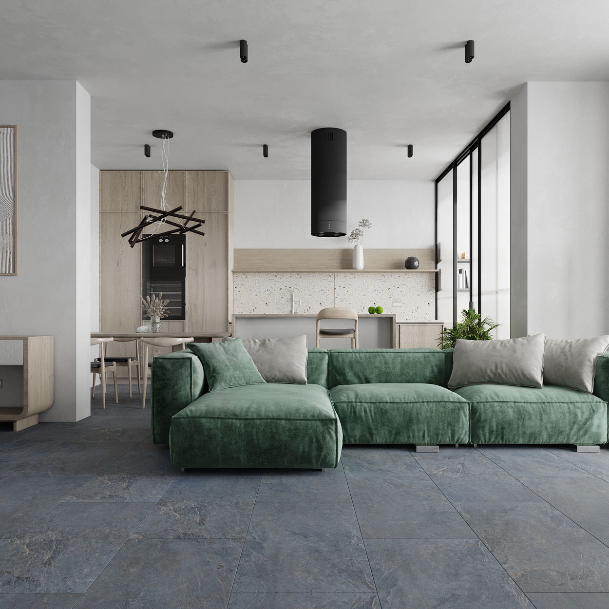 Кварцвиниловый SPC ламинат Vinilam Ceramo Stone Мальтийский Базальт 91907 940×470×8 фото в интерьере