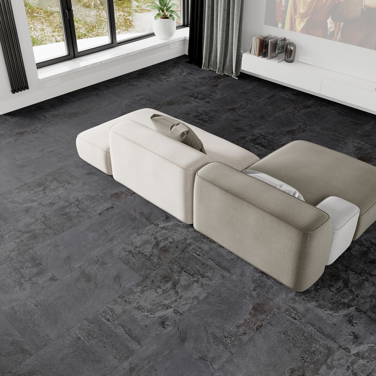 Кварцвиниловый SPC ламинат Vinilam Ceramo Stone Перуанский Камень 91908 940×470×8 фото в интерьере