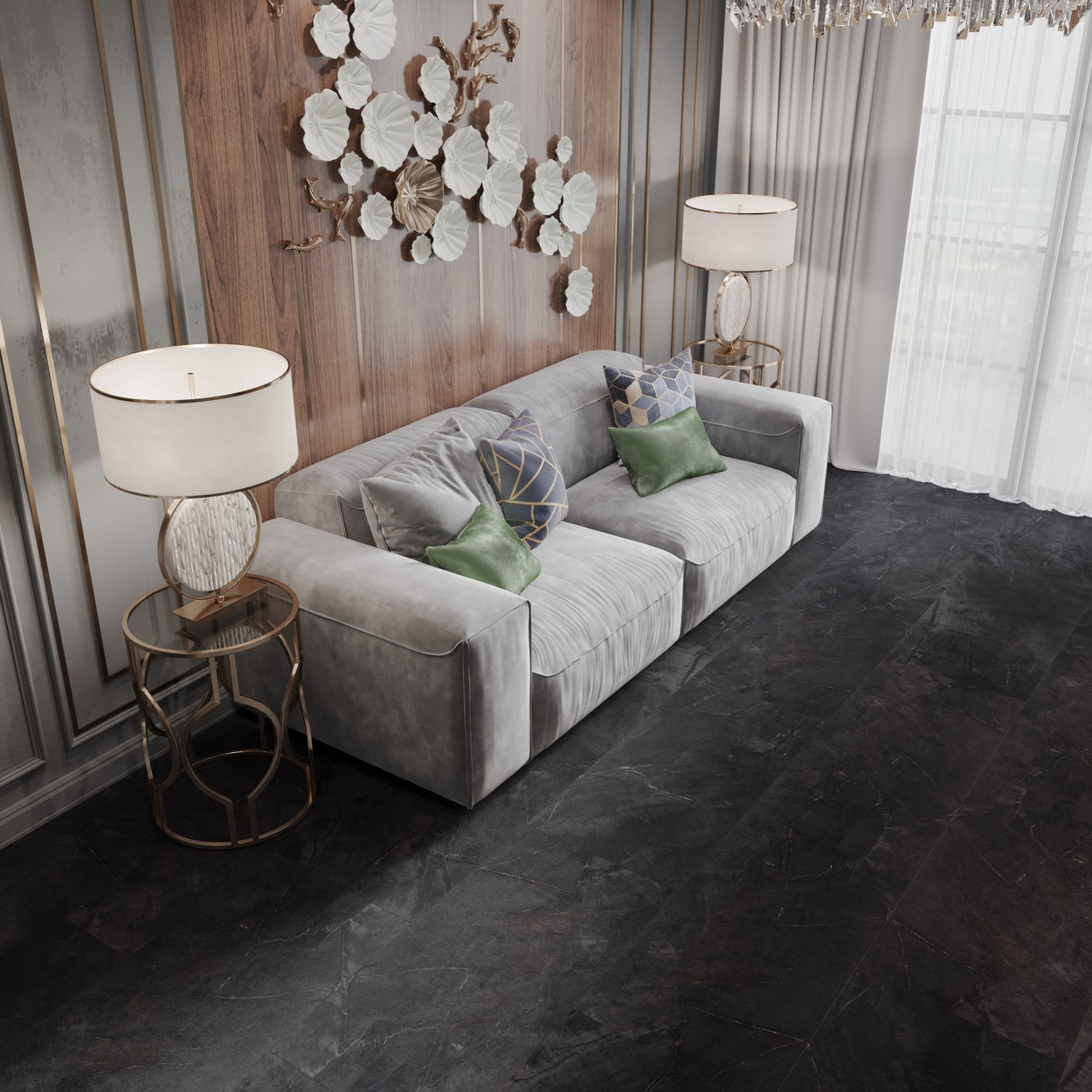 Кварцвиниловый SPC ламинат Vinilam Ceramo Stone Аргентинский Камень 91912 940×470×8 фото в интерьере