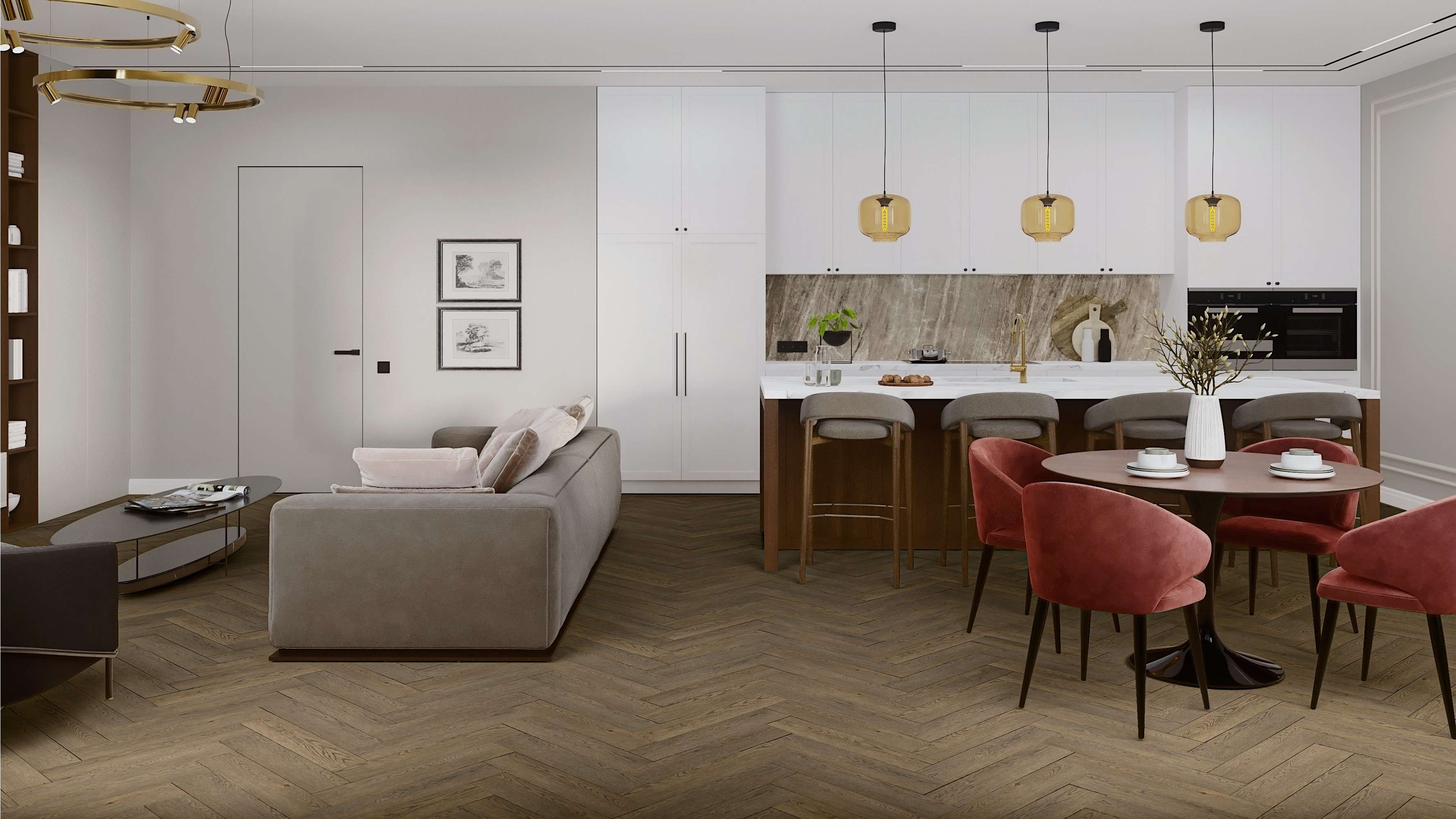 Кварцвиниловый SPC ламинат Damy Floor London Ноттингем 0030-6L венгерская елка 615×123×4,2 фото в интерьере