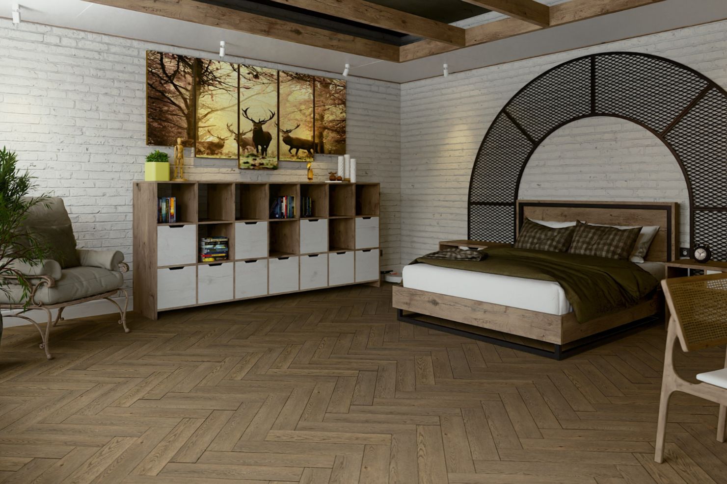 Кварцвиниловый SPC ламинат Damy Floor London Ноттингем 0030-6L венгерская елка 615×123×4,2 фото в интерьере