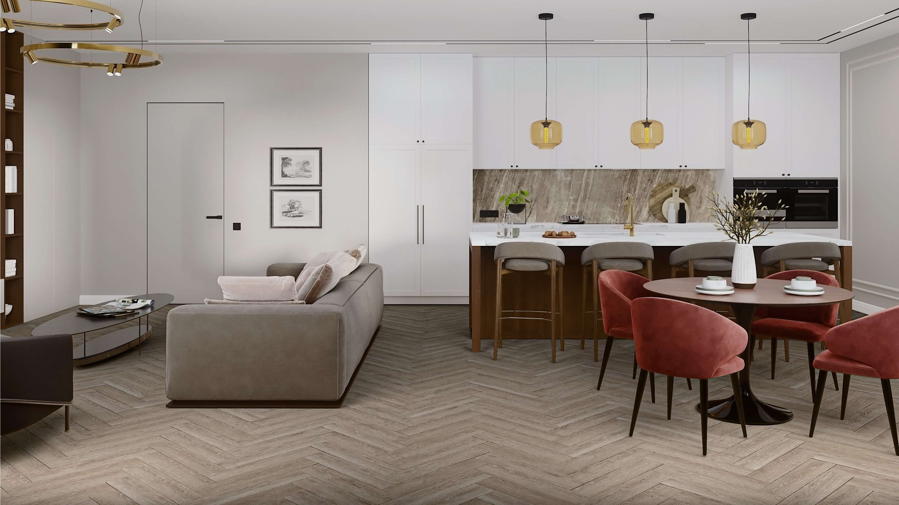 Кварцвиниловый SPC ламинат Damy Floor London Ливерпуль 0137 венгерская елка 615×123×4,2 фото в интерьере