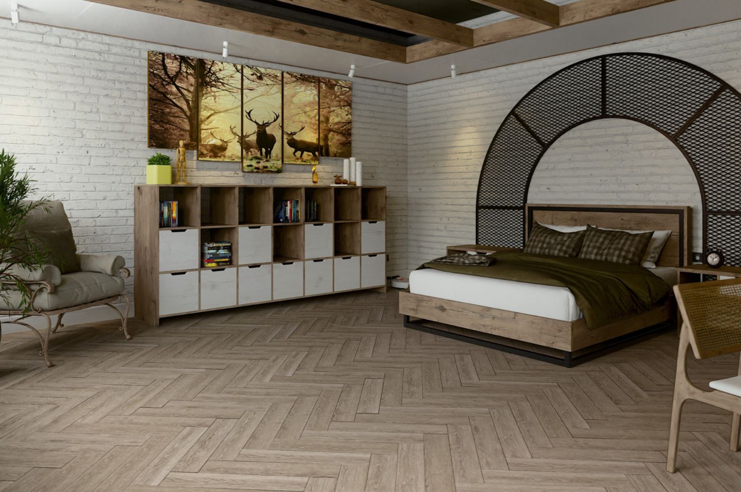 Кварцвиниловый SPC ламинат Damy Floor London Ливерпуль 0137 венгерская елка 615×123×4,2 фото в интерьере