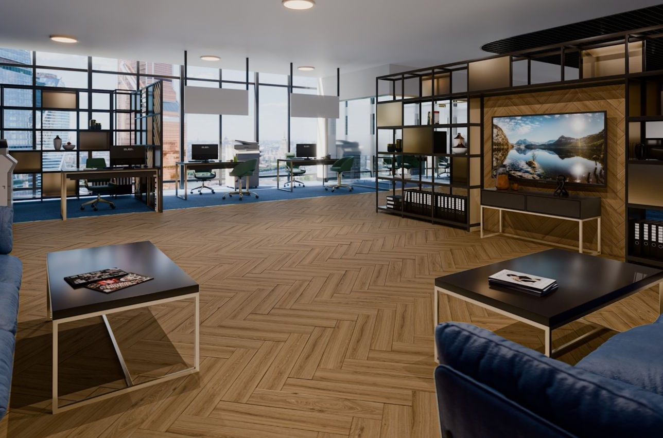 Кварцвиниловая плитка Damy Floor клеевая London LVT Лидс 5246-10-LVT венгерская елка 590×118×2,5 фото в интерьере