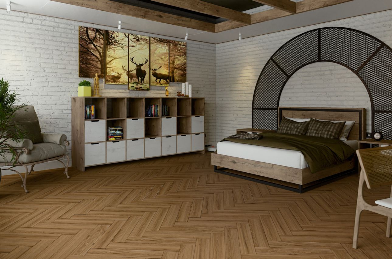 Кварцвиниловая плитка Damy Floor клеевая London LVT Лидс 5246-10-LVT венгерская елка 590×118×2,5 фото в интерьере