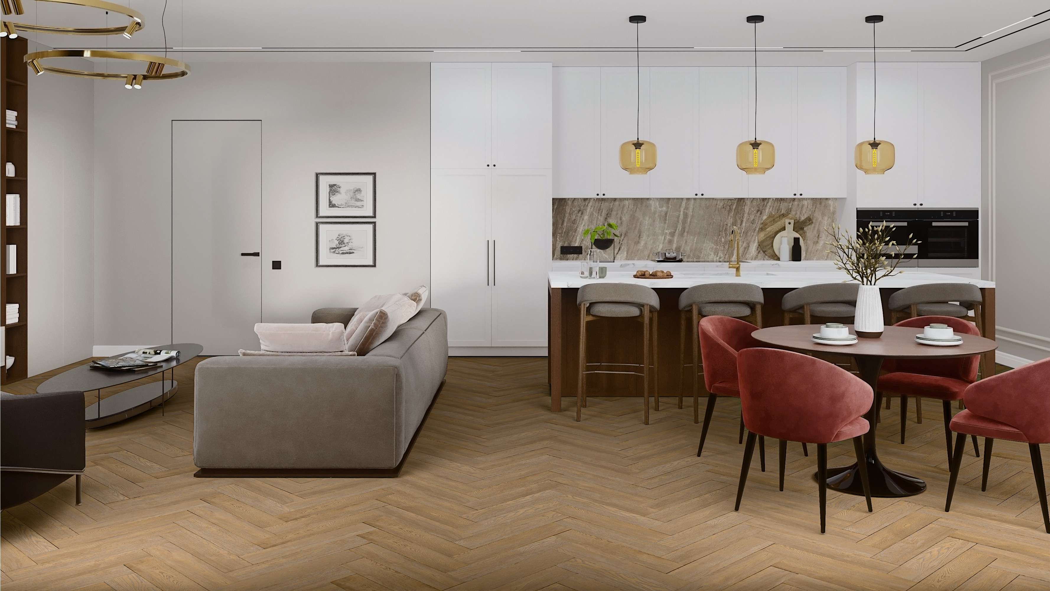 Кварцвиниловый SPC ламинат Damy Floor London Брайтон 5248-8 венгерская елка 615×123×4,2 фото в интерьере