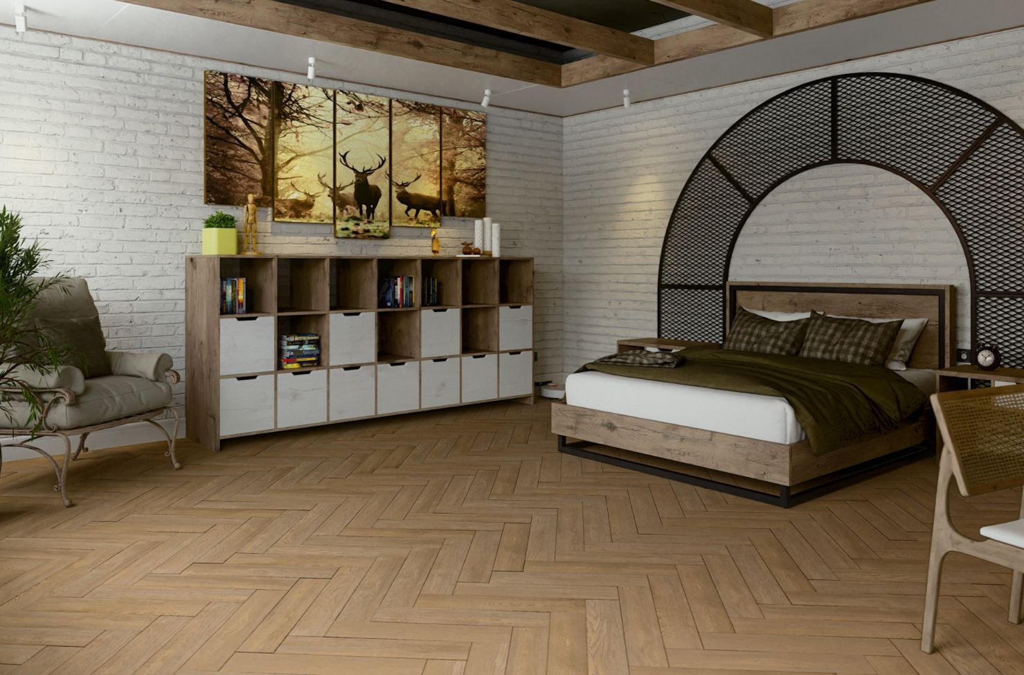 Кварцвиниловый SPC ламинат Damy Floor London Брайтон 5248-8 венгерская елка 615×123×4,2 фото в интерьере