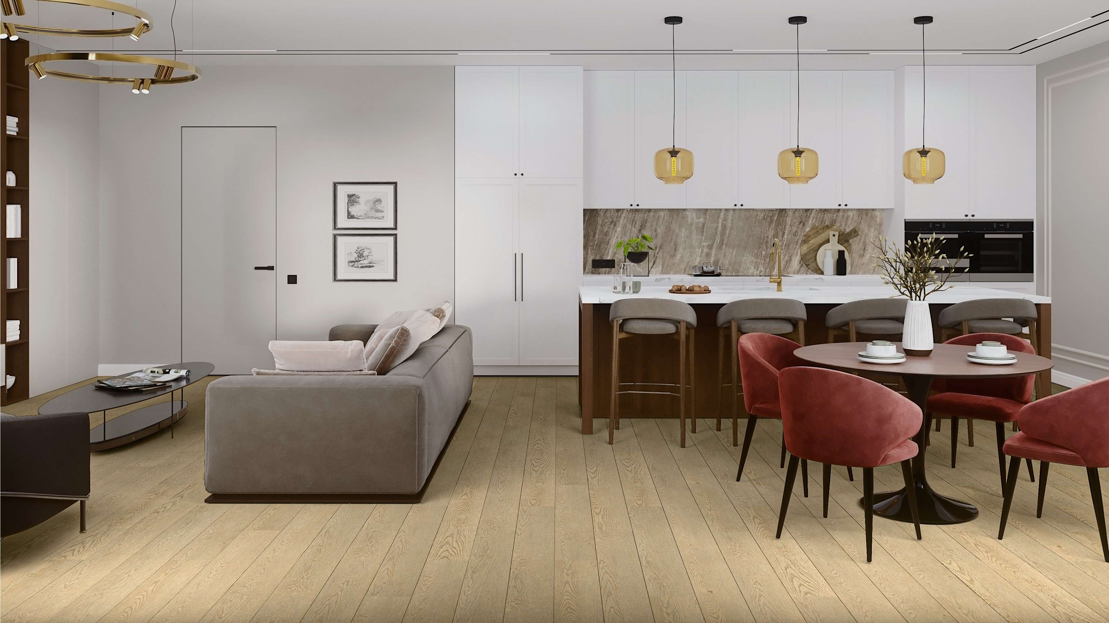 Кварцвиниловый SPC ламинат Damy Floor Family Дуб Латте 0030-2 1220×180×4 фото в интерьере