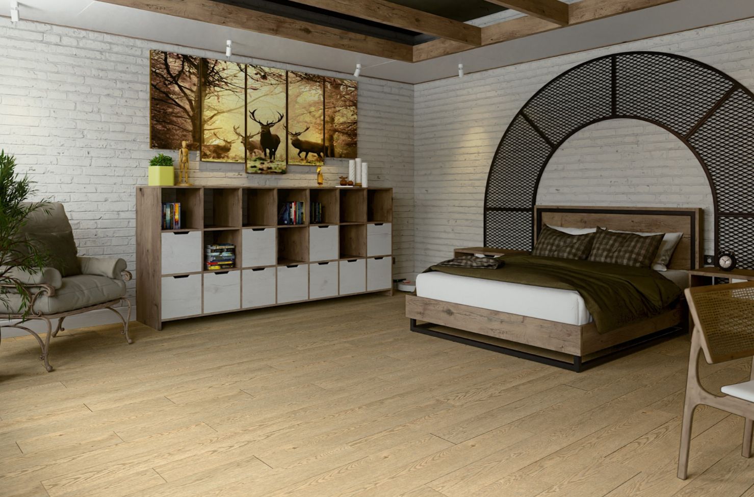 Кварцвиниловый SPC ламинат Damy Floor Family Дуб Латте 0030-2 1220×180×4 фото в интерьере