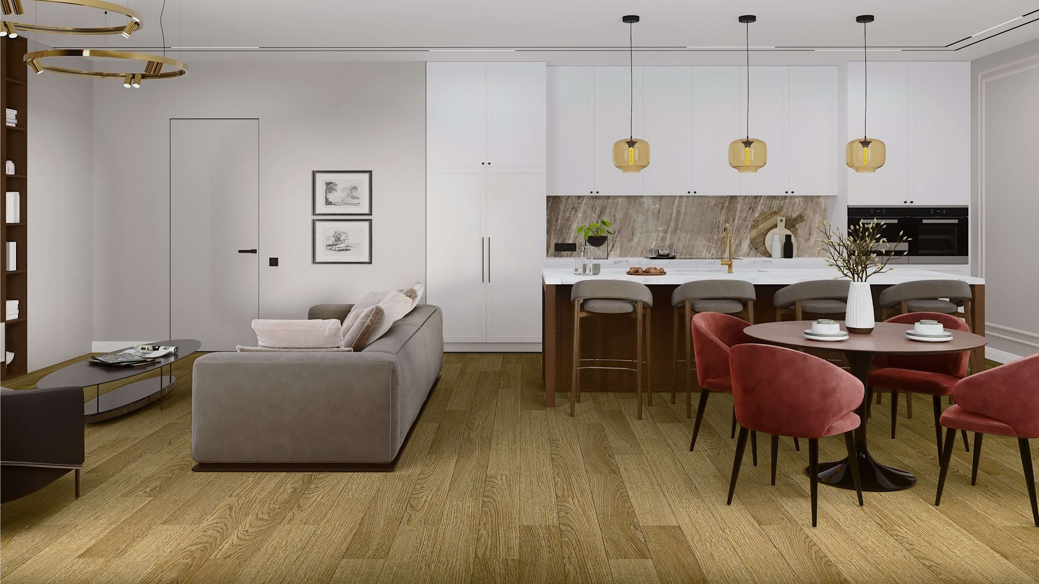 Кварцвиниловый SPC ламинат Damy Floor Family Дуб Золотой 190902EL-07F 1220×180×4 фото в интерьере