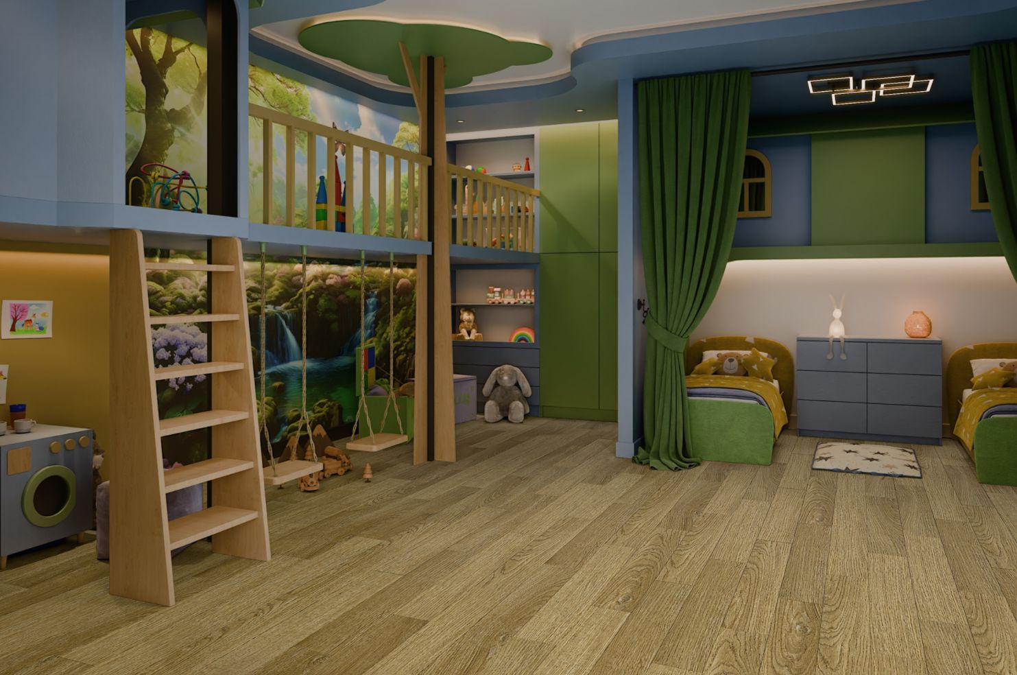 Кварцвиниловый SPC ламинат Damy Floor Family Дуб Золотой 190902EL-07F 1220×180×4 фото в интерьере