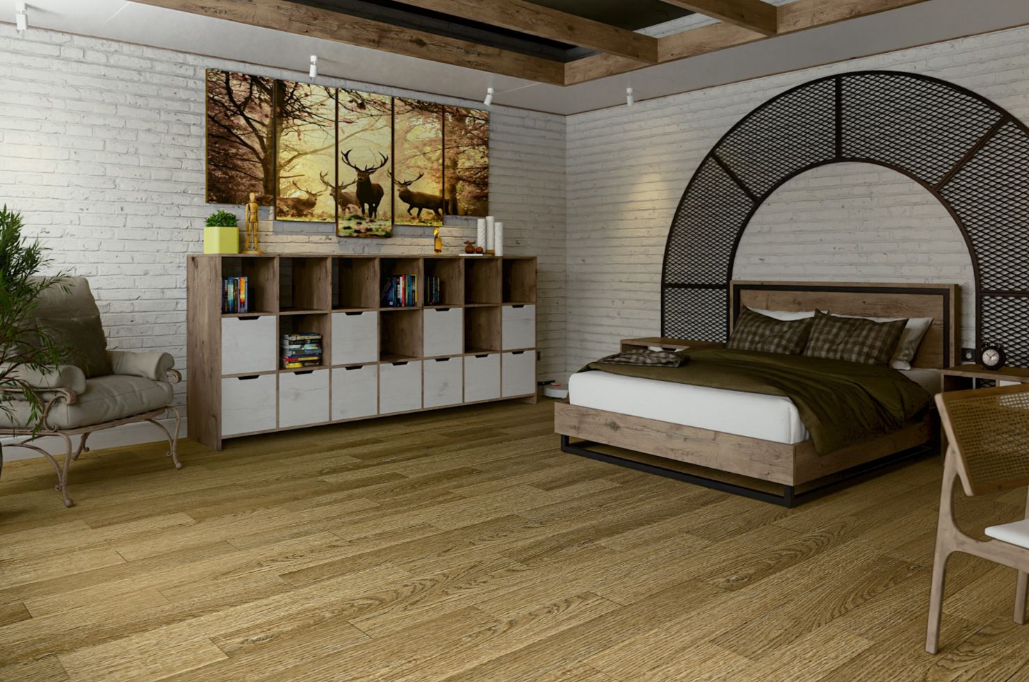 Кварцвиниловый SPC ламинат Damy Floor Family Дуб Золотой 190902EL-07F 1220×180×4 фото в интерьере
