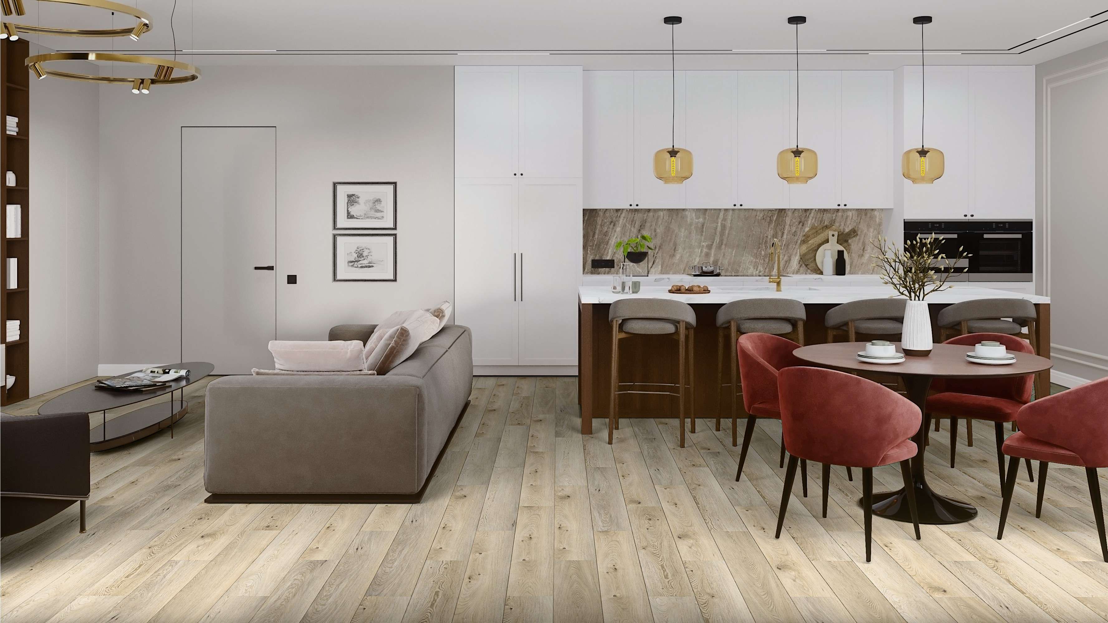 Кварцвиниловый SPC ламинат Damy Floor Family Дуб Кавказский 9531-2A 1220×180×4,2 фото в интерьере