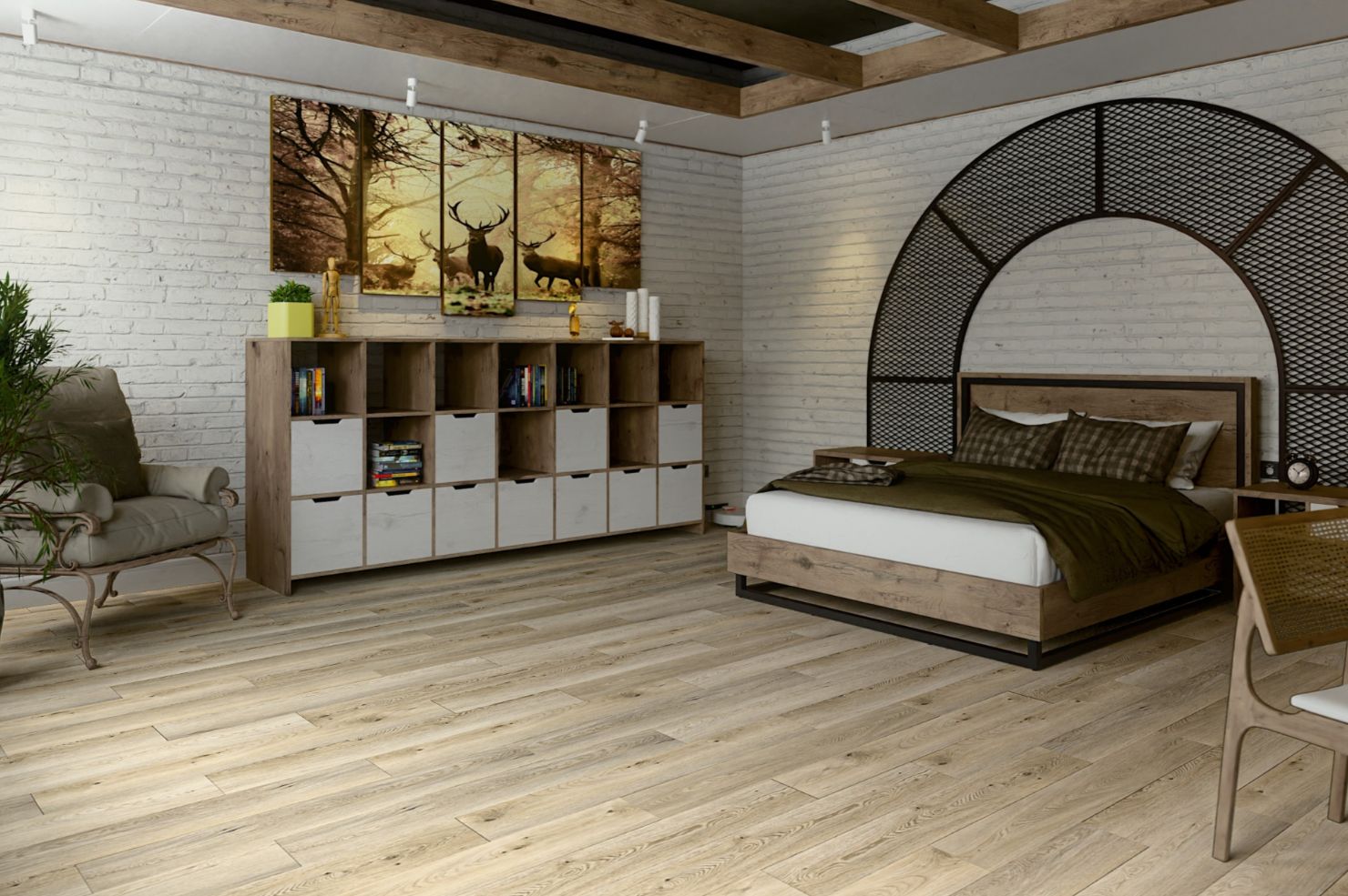 Кварцвиниловый SPC ламинат Damy Floor Family Дуб Кавказский 9531-2A 1220×180×4,2 фото в интерьере