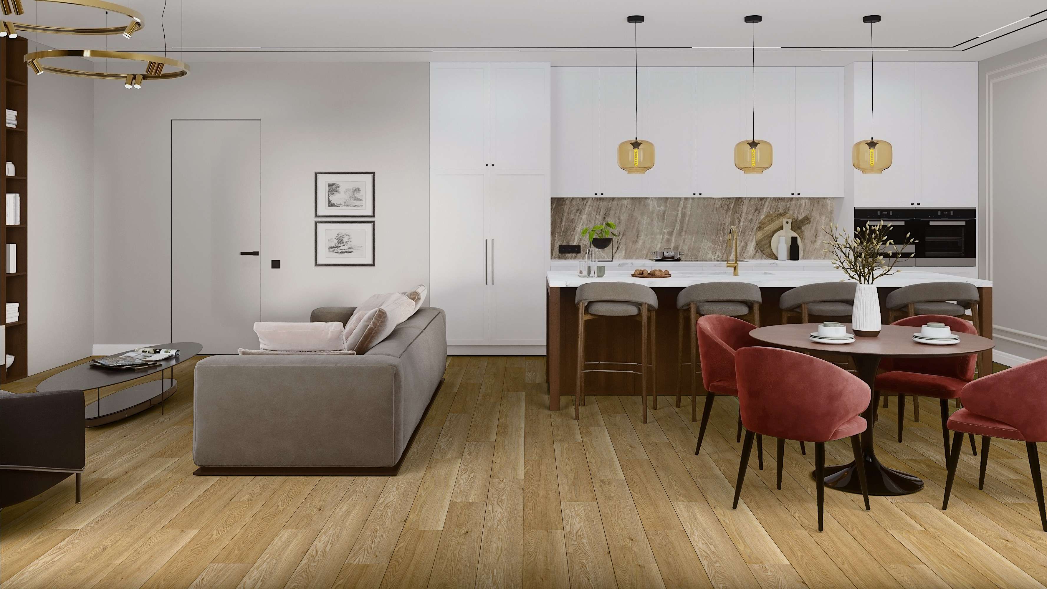 Кварцвиниловый SPC ламинат Damy Floor Family Дуб Медовый DF03-F 1220×180×4 фото в интерьере