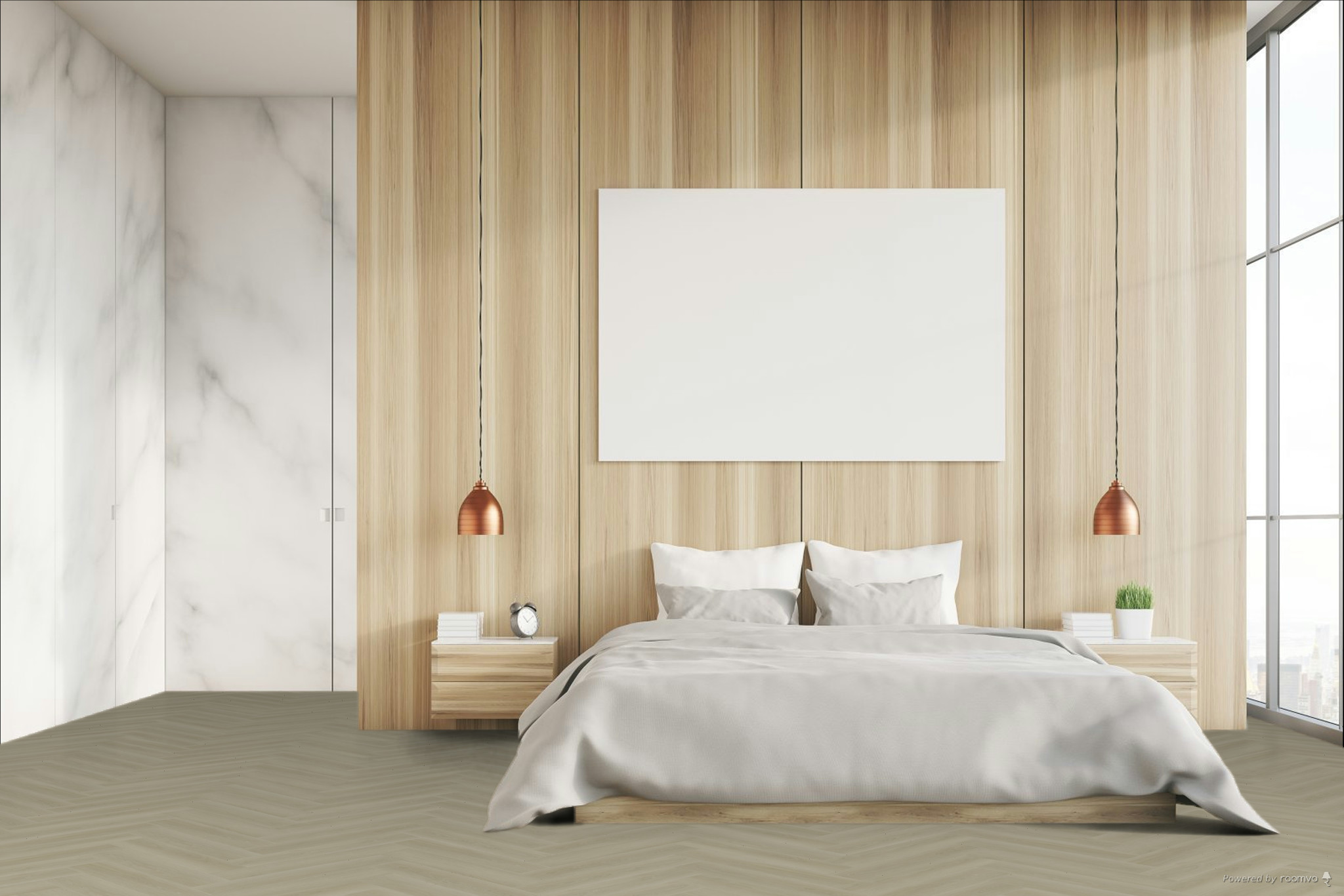 Кварцвиниловая плитка Fargo клеевая Parquet LVT Дуб Сан-Диего 22-588184-01 венгерская елка 595×119×2,5 фото в интерьере