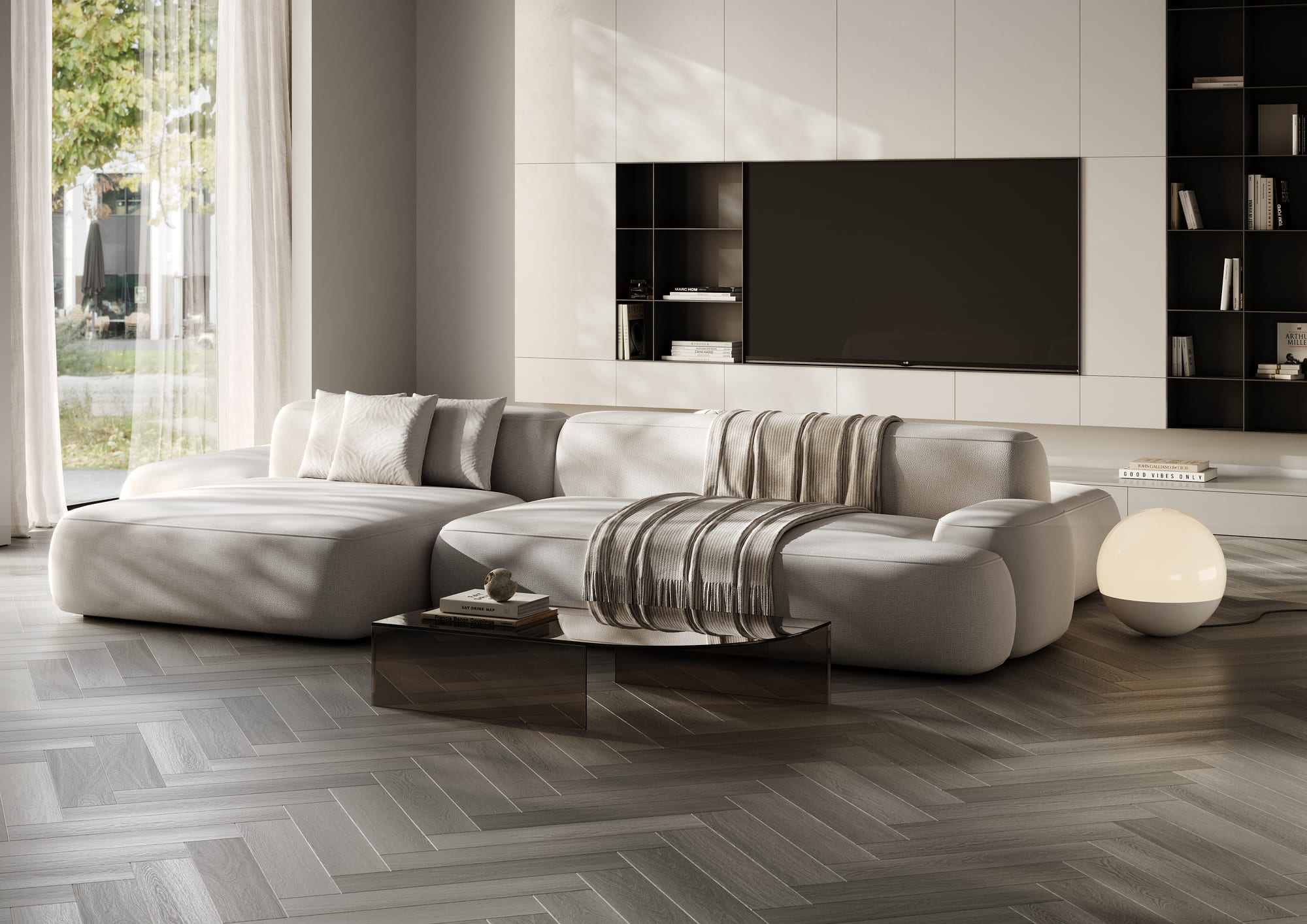 Кварцвиниловая плитка Fargo клеевая Parquet LVT Дуб Турин 22-21065-61 венгерская елка 595×119×2,5 фото в интерьере