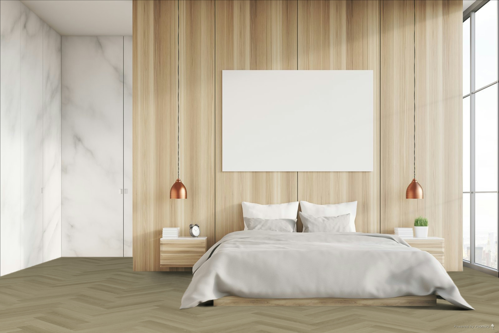 Кварцвиниловая плитка Fargo клеевая Parquet LVT Дуб Самуи 22-201052-02 венгерская елка 595×119×2,5 фото в интерьере