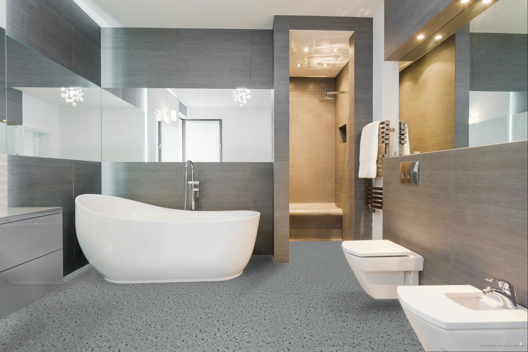 Кварцвиниловая плитка Fargo клеевая Stone LVT Терраццо Холодный 6949-1 606×303×2,5 фото в интерьере