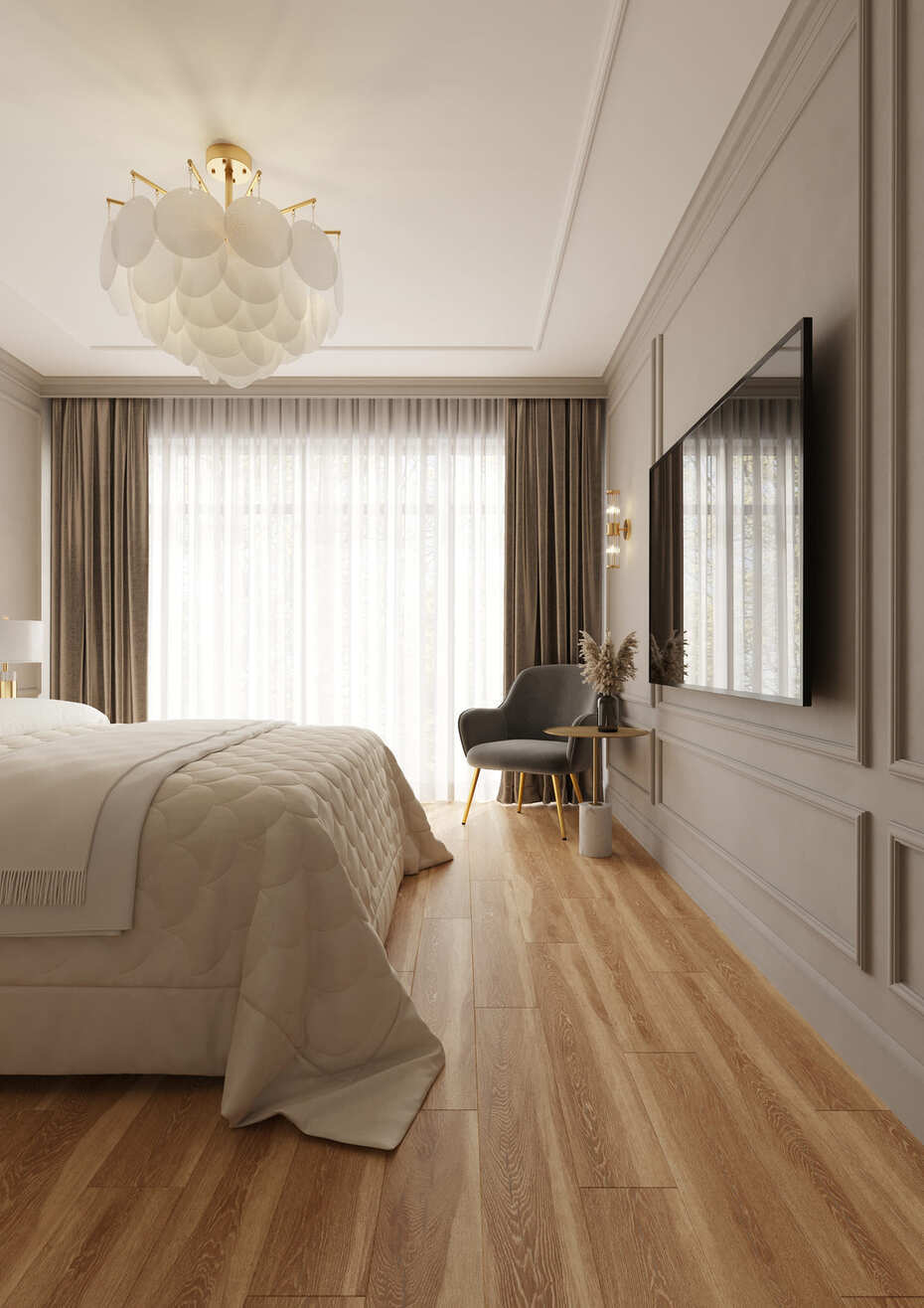 Кварцвиниловый SPC ламинат AlixFloor Natural Line Дуб Медовый Светлый ALX1070-4 1220×183×5 фото в интерьере