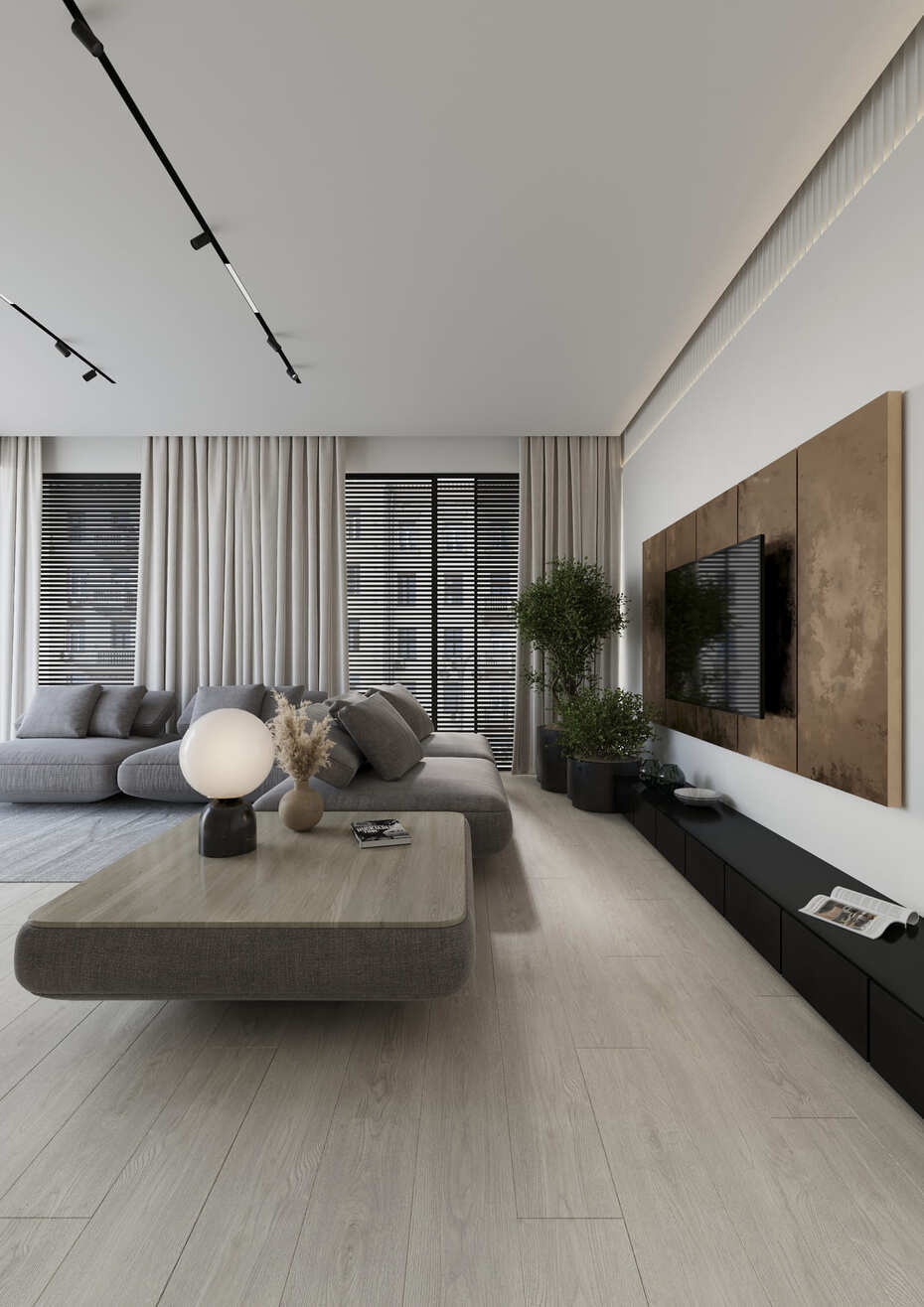 Кварцвиниловый SPC ламинат AlixFloor City Line Дуб Вельветовый Серый ALX1565-6 1220×183×5 фото в интерьере