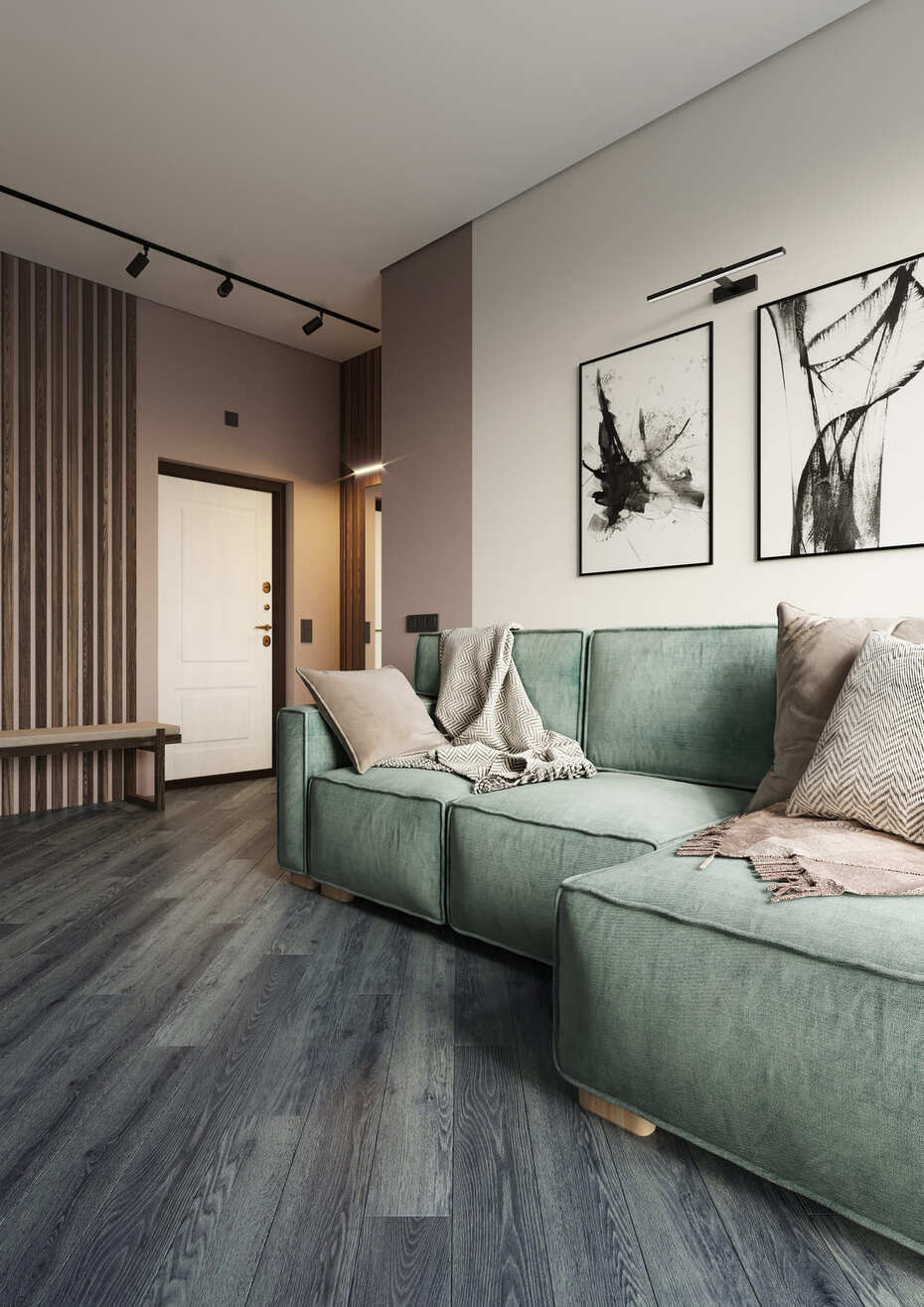 Кварцвиниловый SPC ламинат AlixFloor City Line Дуб Кенийский Серый ALX3020-5 1220×183×5 фото в интерьере