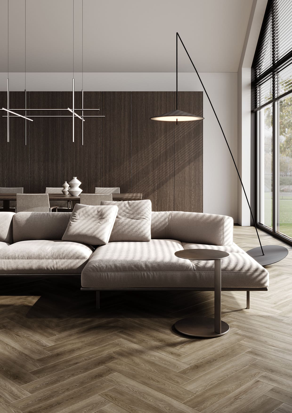 Кварцвиниловый SPC ламинат Fargo Bevel Parquet Дуб Тихуана 33-6191-7 венгерская елка 615×123×6 фото в интерьере