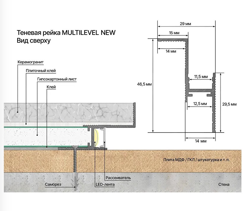 Профиль алюминиевый теневой с подсветкой Laconistiq Multilevel Черный муар RAL 9005 27-31-300 3000×46,5×28,7