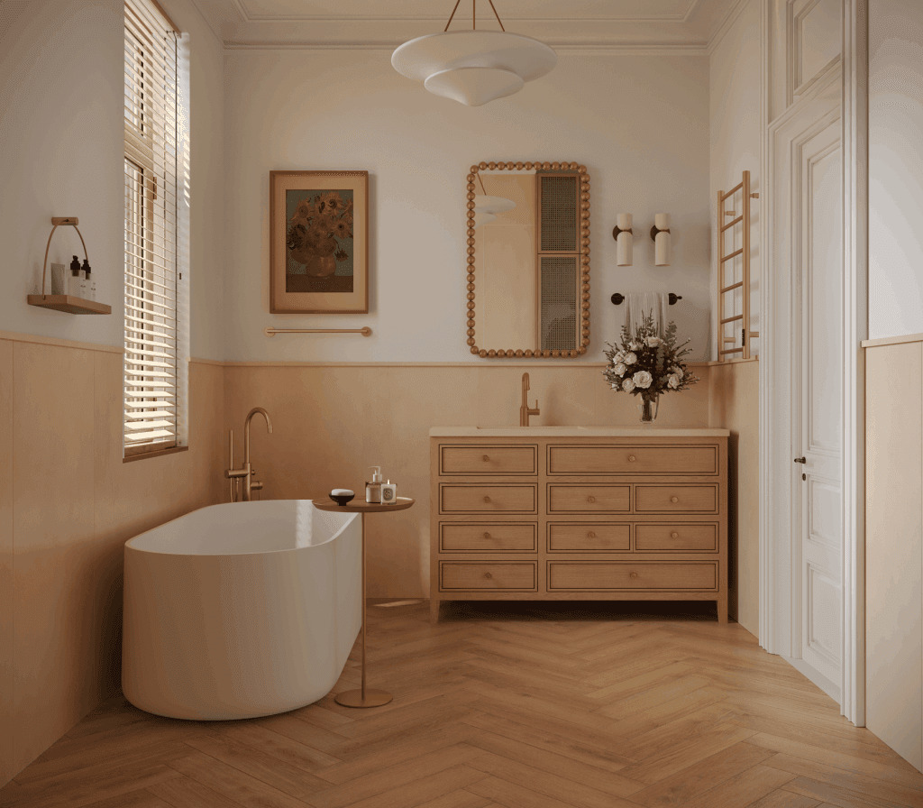 Кварцвиниловая плитка Norland клеевая Parquet LVT Saver Sand 1067-2 венгерская елка 590×118×2,5 фото в интерьере