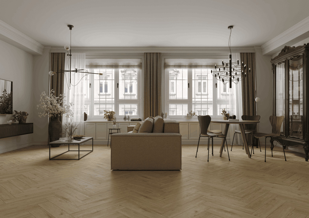Кварцвиниловый SPC ламинат Norland Parquet Clear Room 1066-6 венгерская елка 600×125×4 фото в интерьере