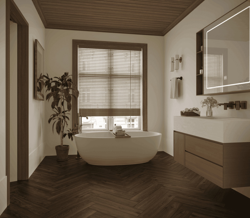Кварцвиниловая плитка Norland клеевая Parquet LVT Swift Style 1067-9 венгерская елка 590×118×2,5 фото в интерьере