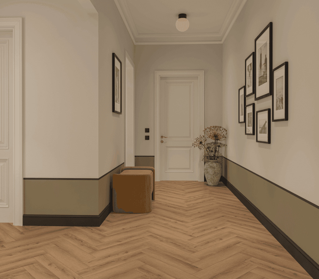 Кварцвиниловая плитка Norland клеевая Parquet S LVT Valday 1056-2 венгерская елка 590×118×2,5 фото в интерьере
