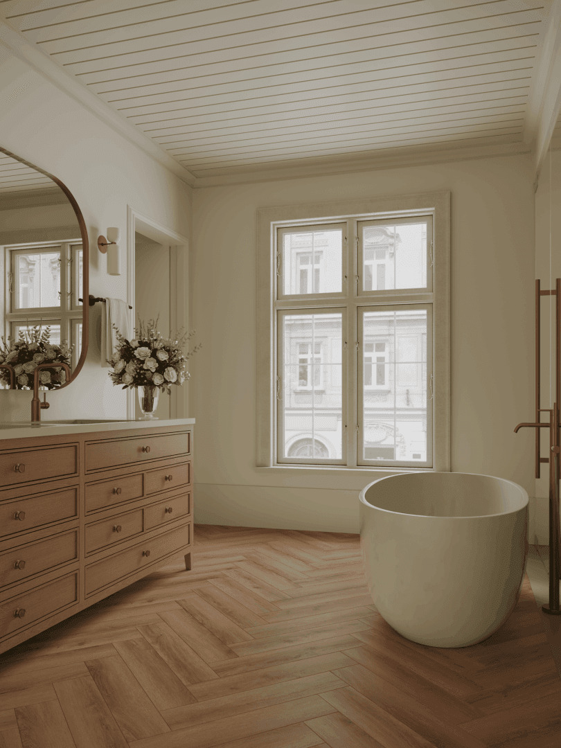 Кварцвиниловая плитка Norland клеевая Parquet S LVT Lama 1056-4 венгерская елка 590×118×2,5 фото в интерьере