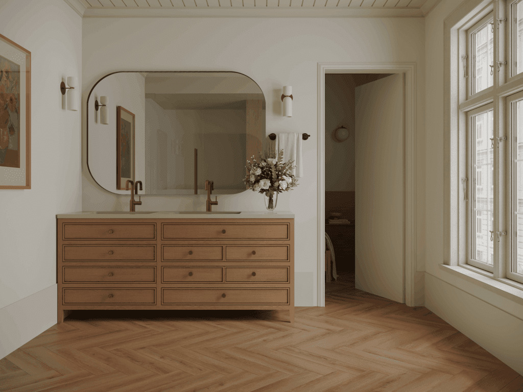 Кварцвиниловая плитка Norland клеевая Parquet S LVT Lama 1056-4 венгерская елка 590×118×2,5 фото в интерьере