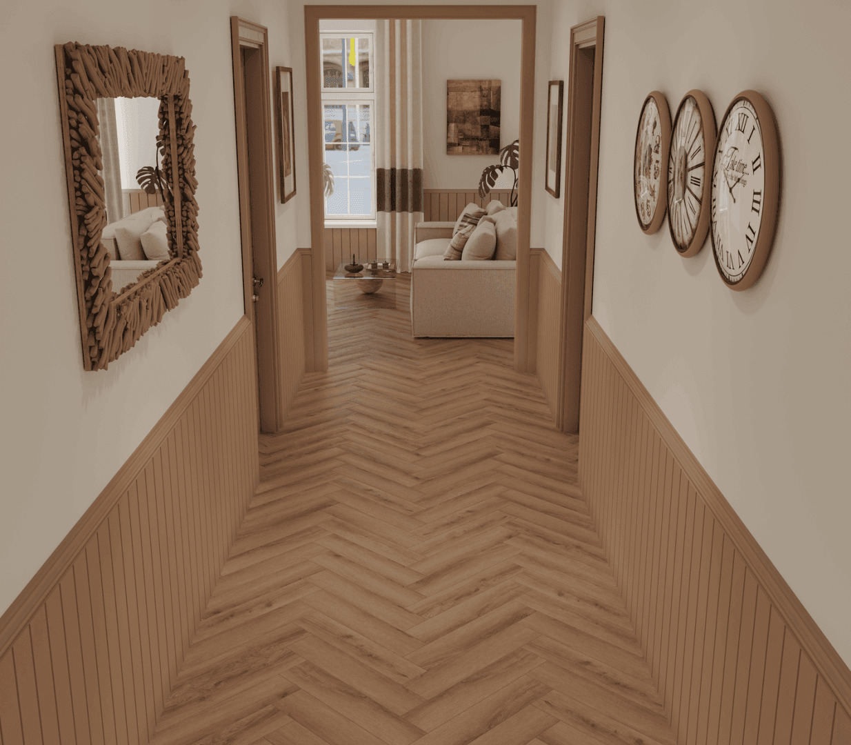 Кварцвиниловая плитка Norland клеевая Parquet S LVT Senezh 1056-5 венгерская елка 590×118×2,5 фото в интерьере