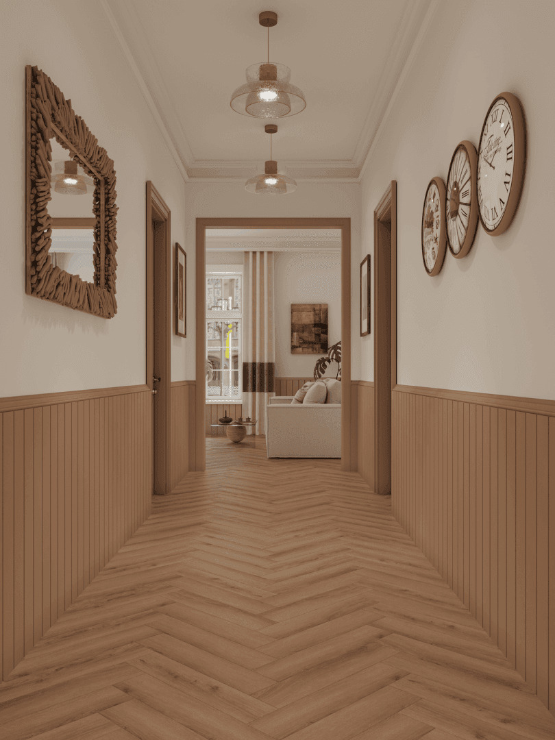 Кварцвиниловая плитка Norland клеевая Parquet S LVT Senezh 1056-5 венгерская елка 590×118×2,5 фото в интерьере