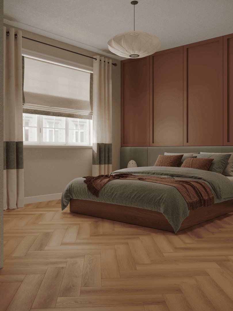 Кварцвиниловая плитка Norland клеевая Parquet S LVT Orel 1056-7 венгерская елка 590×118×2,5 фото в интерьере