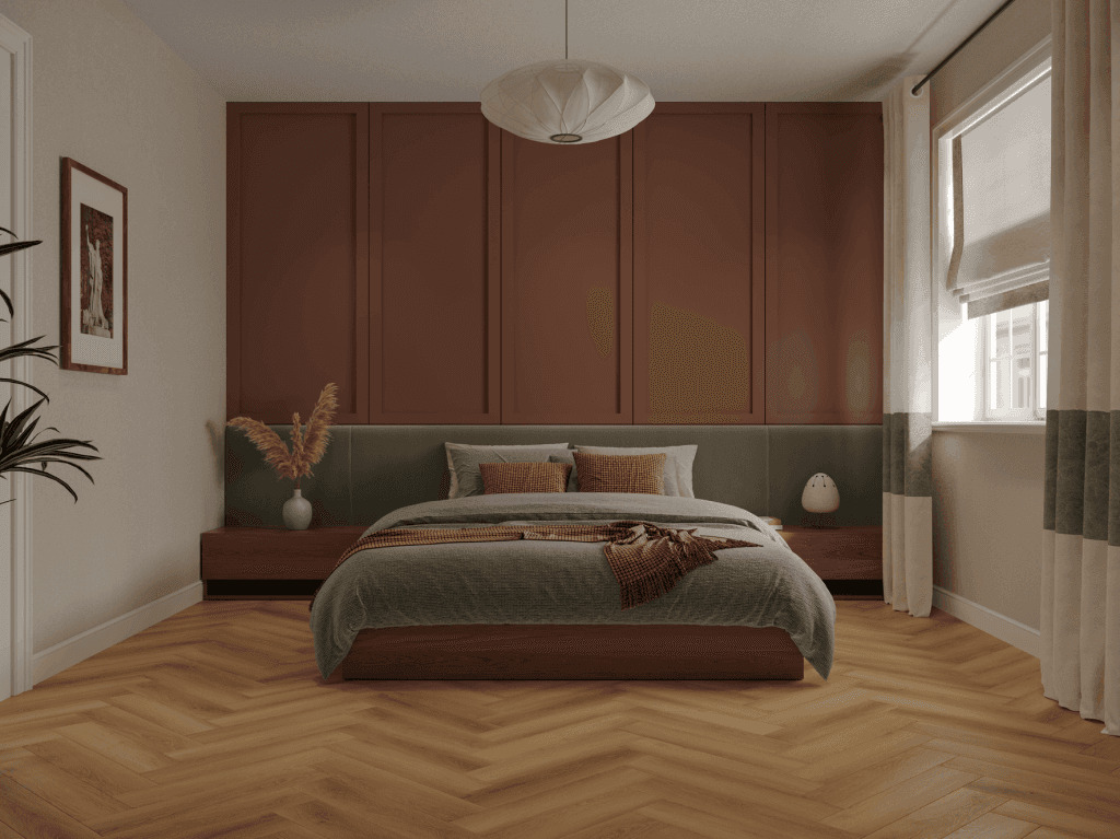 Кварцвиниловая плитка Norland клеевая Parquet S LVT Orel 1056-7 венгерская елка 590×118×2,5 фото в интерьере