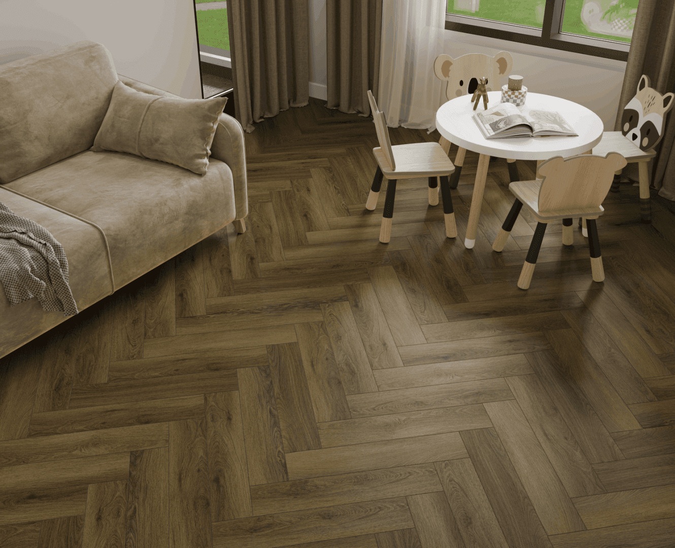 Кварцвиниловая плитка Norland клеевая Parquet S LVT Polar 1056-11 венгерская елка 590×118×2,5 фото в интерьере