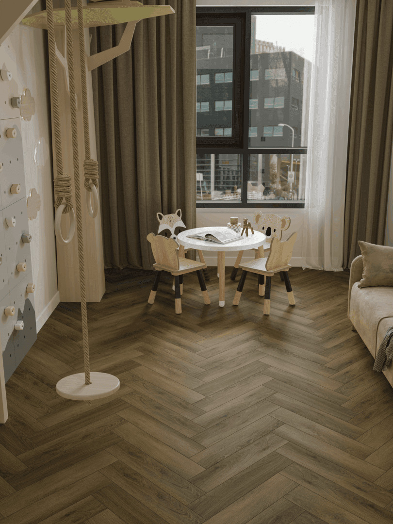Кварцвиниловая плитка Norland клеевая Parquet S LVT Polar 1056-11 венгерская елка 590×118×2,5 фото в интерьере