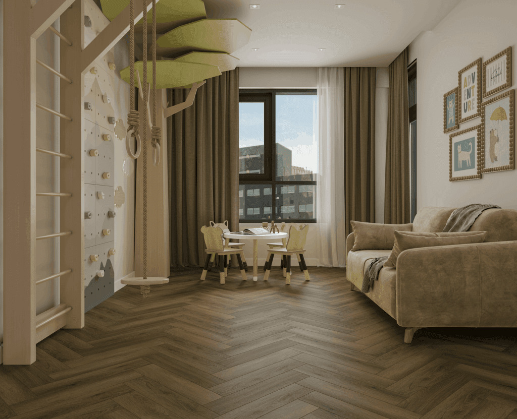 Кварцвиниловая плитка Norland клеевая Parquet S LVT Polar 1056-11 венгерская елка 590×118×2,5 фото в интерьере